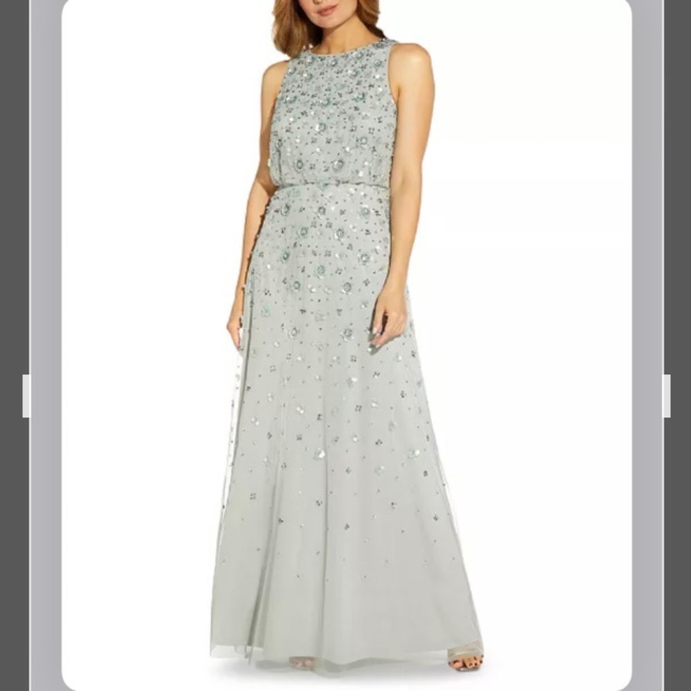 Adrianna Papell Beaded Sequined Halter Blouson Gown in Frosted Sage
